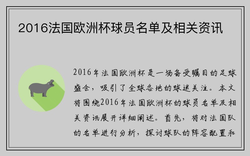 2016法国欧洲杯球员名单及相关资讯